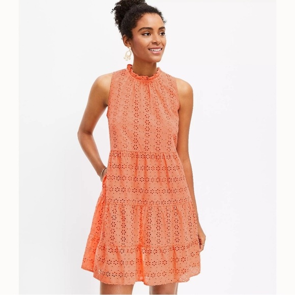 LOFT Dresses & Skirts - LOFT - Coral Eyelet Mini Dress with Pockets – Sleeveless Tiered – NWT – Size M